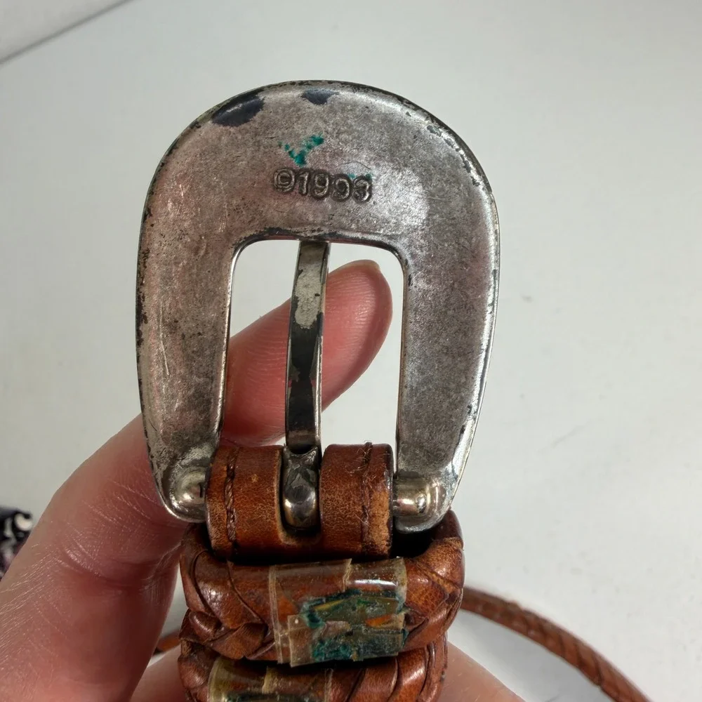 Vtg 90s Sz 36 Leather Belt Western Concho Braided Whipstitch Brown‎ Woven Boho